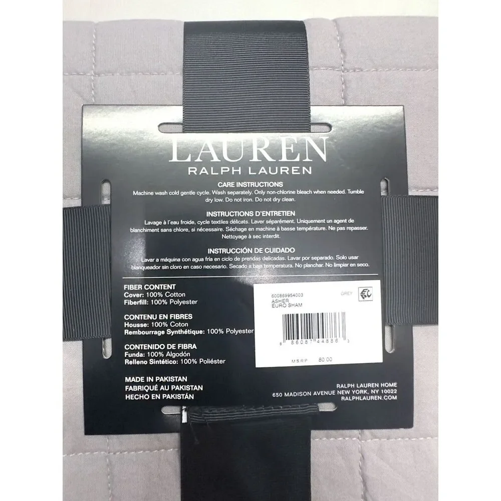 Lauren Ralph Lauren European Sham ASHER gray 100% Cotton 26 X 26 in NEW